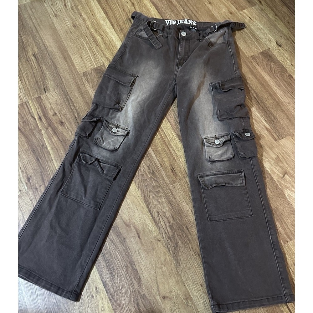 VIP Jeans Brown Cargo Pants Junior Size 9/10 Acid Wash Y2k Hip Hop Grunge 90s